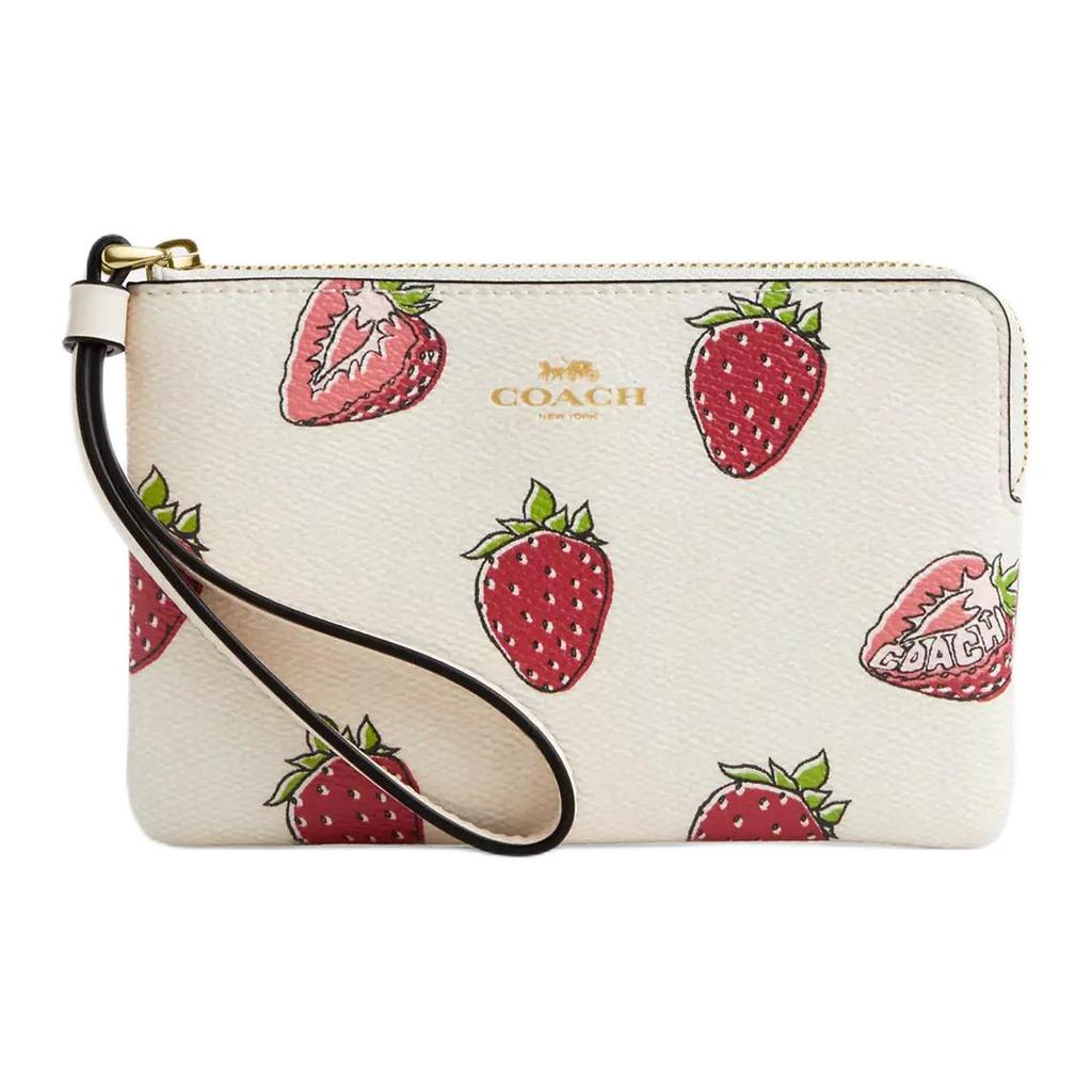 Coach Corner Zip 16 Strawberry Print Leather Clutch Small Women Clutch Chalk Red CBB81-IMCAH
