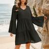 New Black Chiffon Medium and Long Horn Sleeves Fashionable Black Ruffle Edge Beach Bikini Blouse