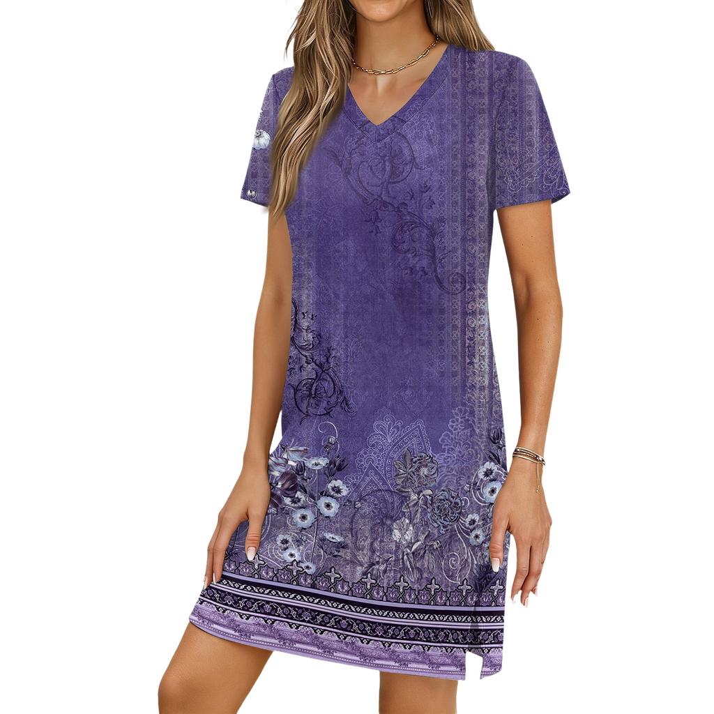 Women's Casual V-neck Short Sleeve Split Hem Vintage Printed Dress