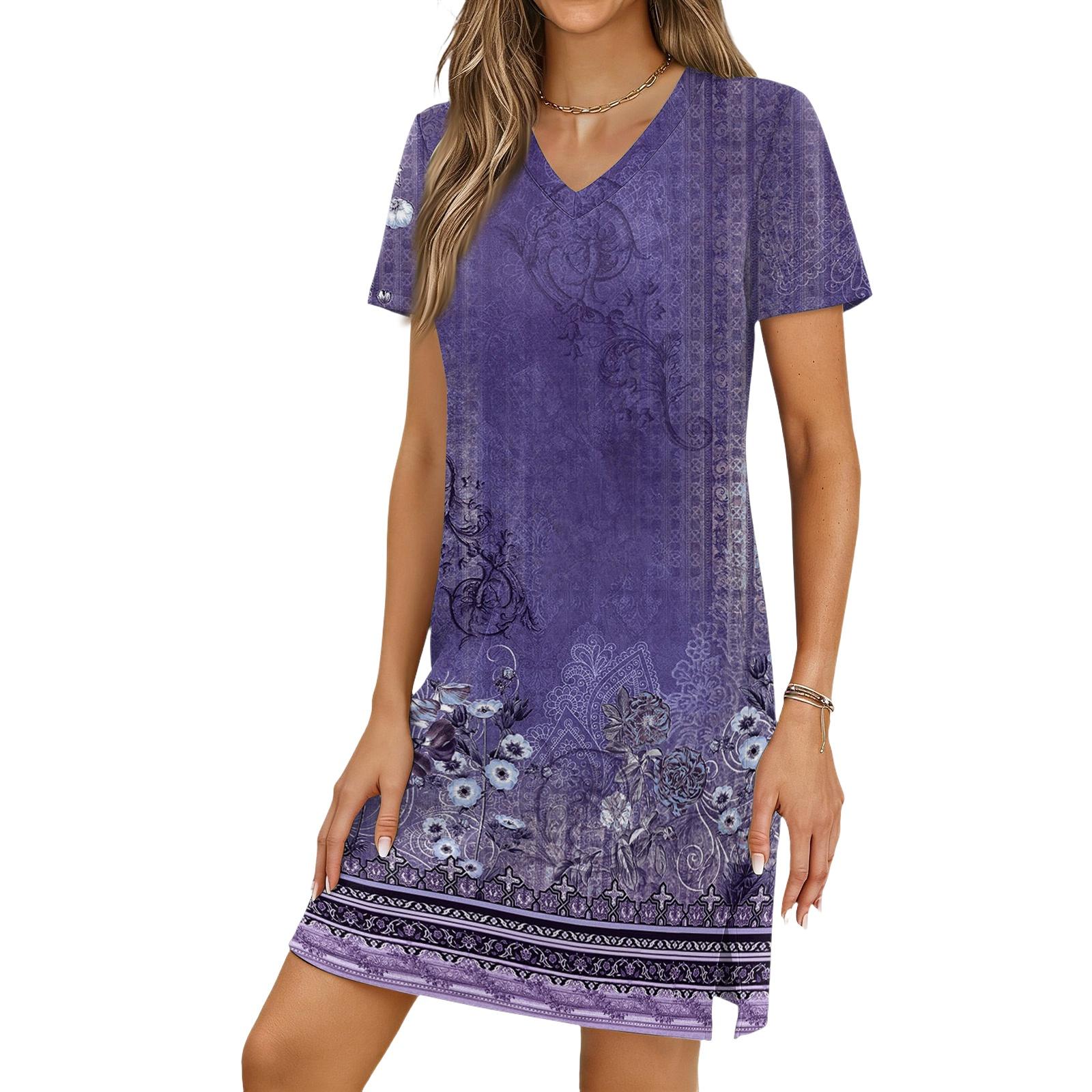 

Women s Casual V-neck Short Sleeve Split Hem Vintage Printed Dress S фіолетовий
