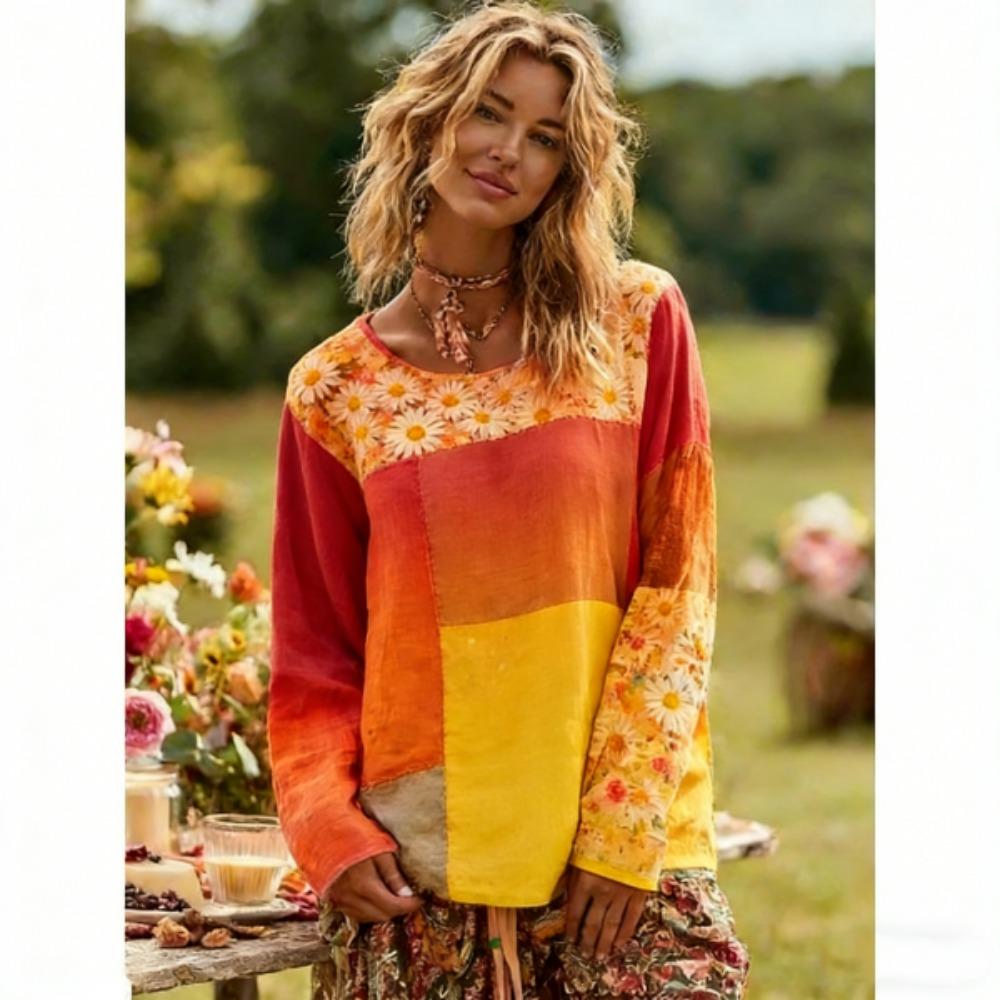 Europe America Women's T-shirt Fashion Floral Print Pullover Bohe Style Women Long Sleeve T-shirt Outdoor Casual Tees Top