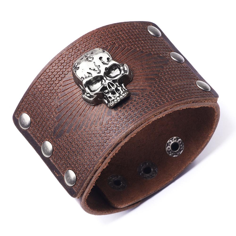 2024 Men's Cowhide Skull Bracelet: European & American Style, Wide Leather Design