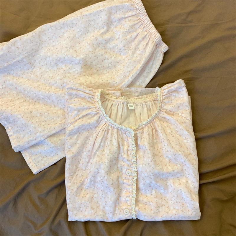 

New pastoral floral pajamas women s summer lace lace short-sleeved shorts crew neck set can go out loungewear S