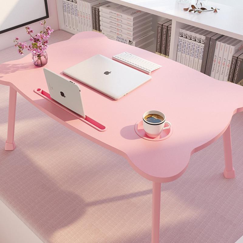 Small Foldable Laptop Desk with Cup Holder Card Slot Cute Bear Bed Desk Anti-slip Waterproof Tatami Table for Dormitory Student