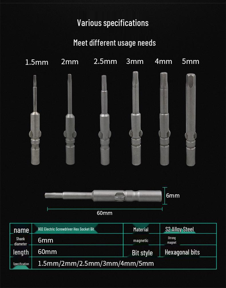 802 S2 Steel Electric Screwdriver Bit Set with Magnetic Holder, Inner Hex Socket, 6mm Shank.