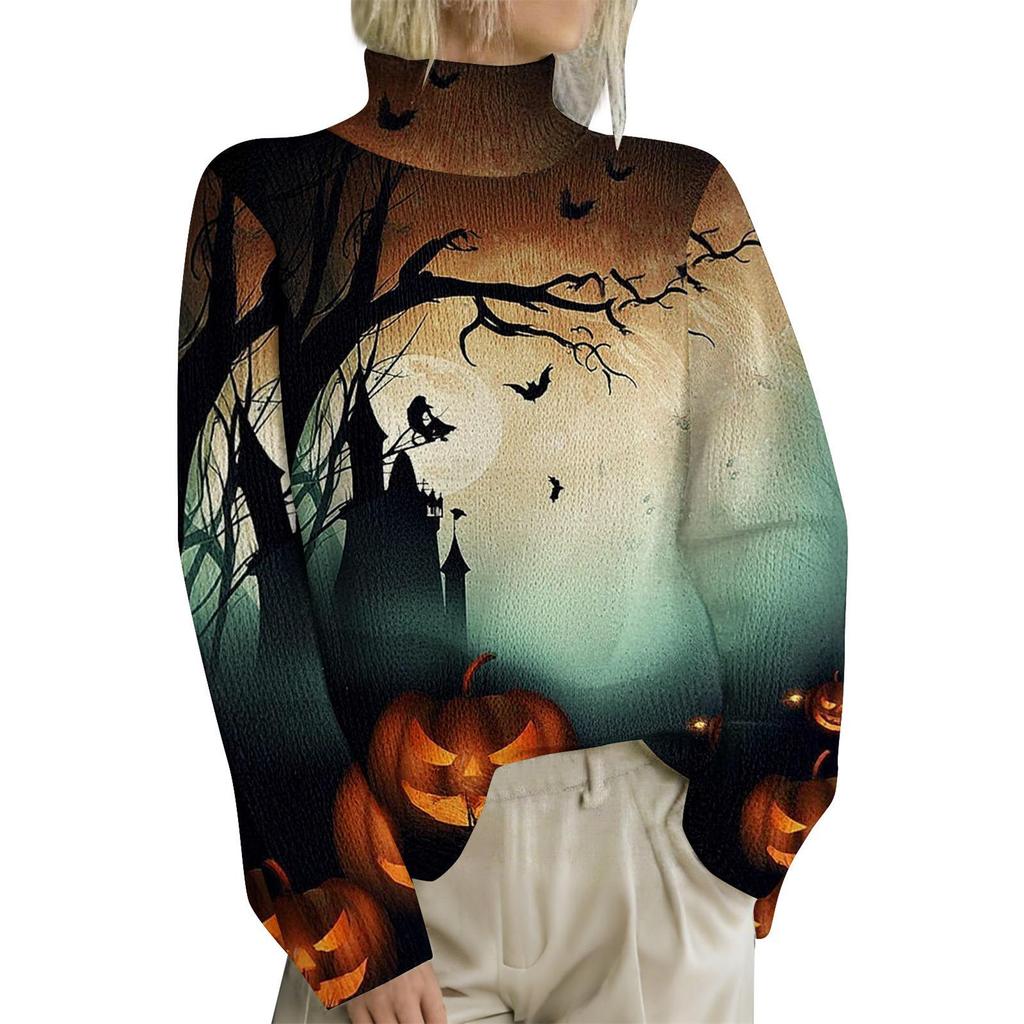HJX-GL1 Halloween Devil 3D Print High Neck Pullover Sweater - Long Sleeve, Loose Fit for Autumn/Winter