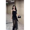 Chic French Black Spaghetti Strap Mesh Long Dress - Women's Summer Sexy High-End Fashion