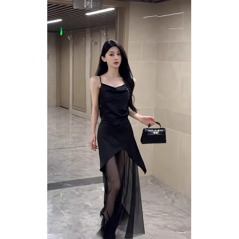 Chic French Black Spaghetti Strap Mesh Long Dress - Women's Summer Sexy High-End Fashion