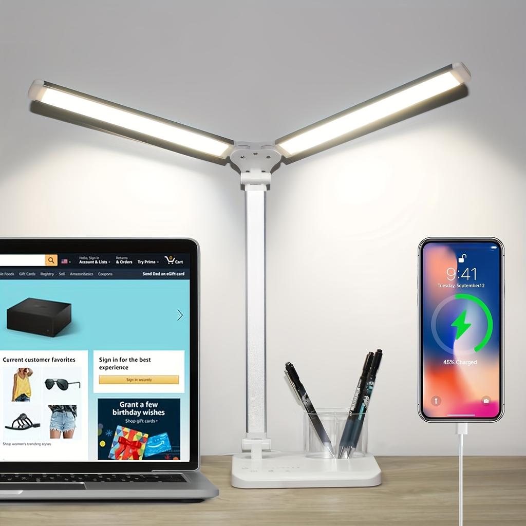 Eye-Care LED Desk Lamp with Dual Swing Arms, USB Charging Port, Touch Control, Foldable Design for Home Office, Study, Dorm Use
