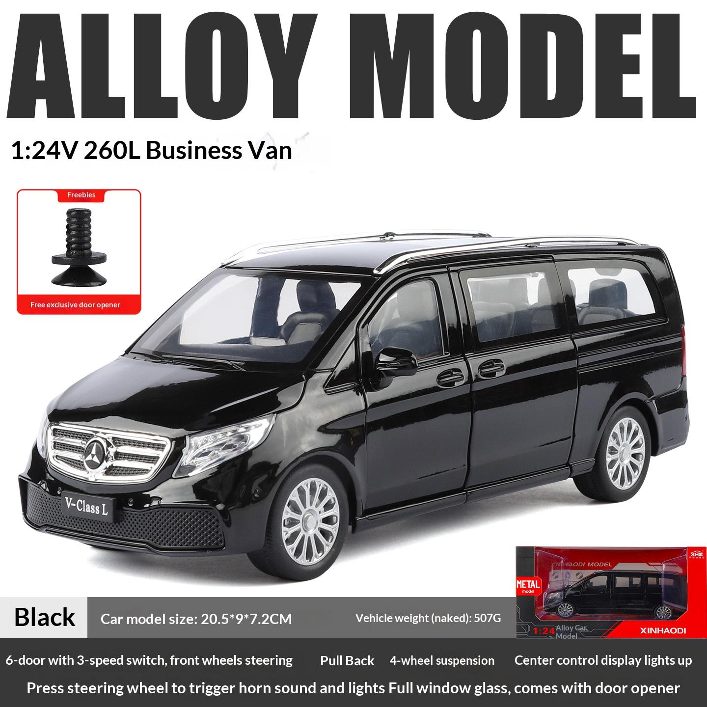 

1:24 Модель коммерческого автомобиля Mercedes-Benz V260L Литье под давлением из цинкового сплава Кузов Детализация салона Подходит для детей