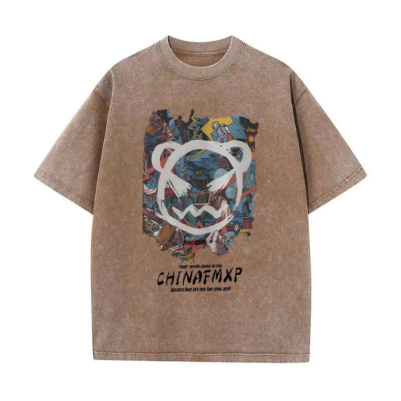 Hip hop washed and worn round neck short sleeve T-shirt fried snowflake retro loose drop shoulder hipster