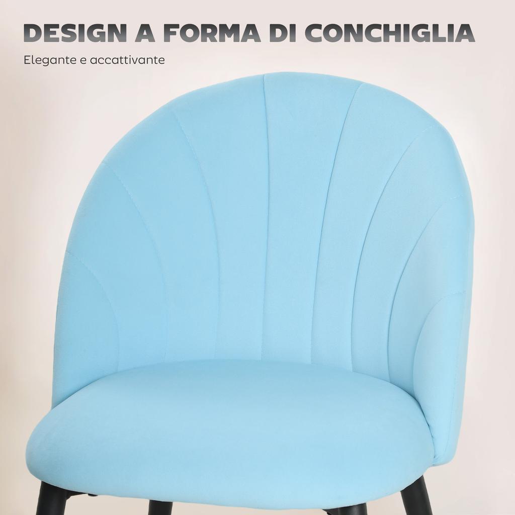 Set of 2 Padded Dining Chairs with Shell Backrest in Velvet, 52x55x79 cm, Light Blue