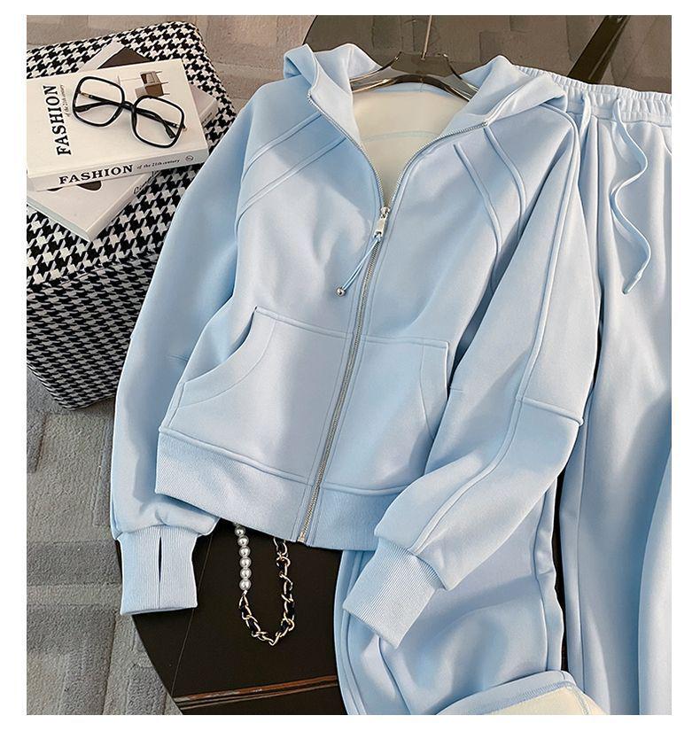 Women's Trendy Blue Velvet-Lined Hooded Sweatshirt & Wide-Leg Pants Set for Fall & Winter