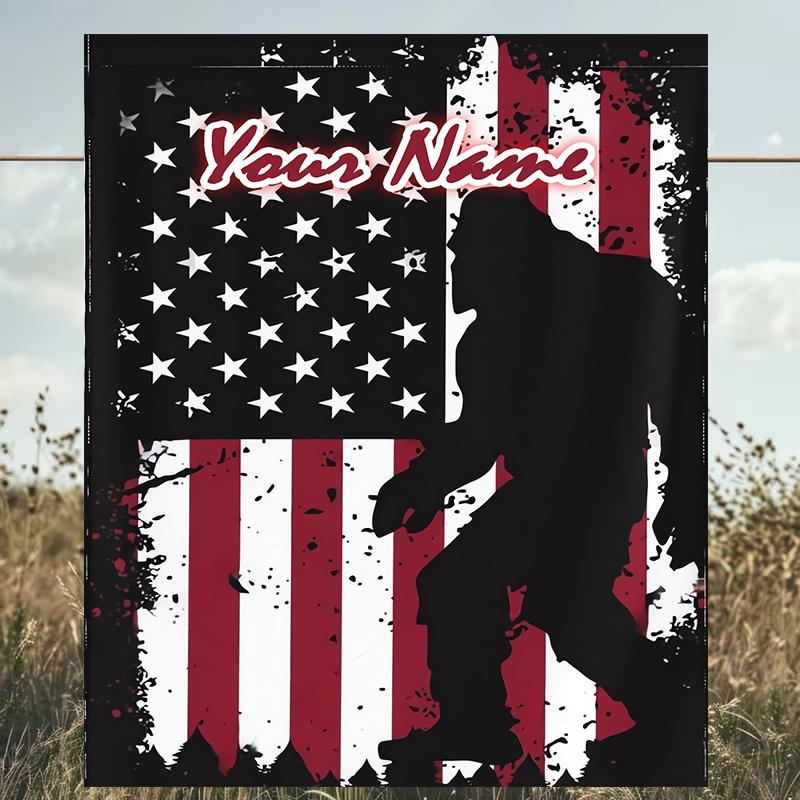 1PC Custom Name Bigfoot American Flag outdooor Flannel blankets Patterns Throw Blanket All-Season Soft Gift for Couch, Bed, Camping gifts