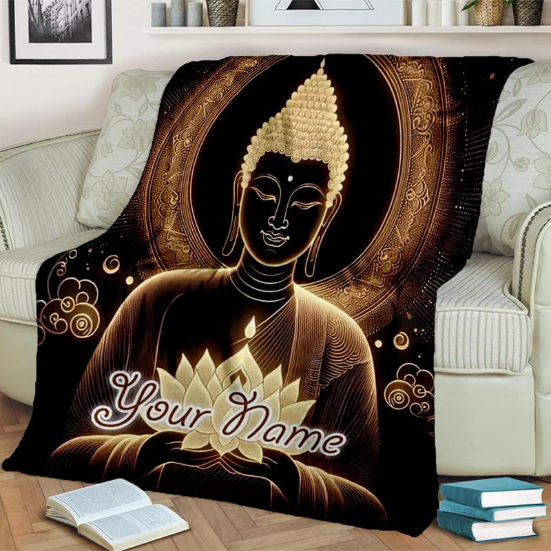 1PC Custom Name Buddha Enlightenment Lotus flannel blanket versatile, all-season throw suitable for the living room, bedroom, camping, travel, and gif