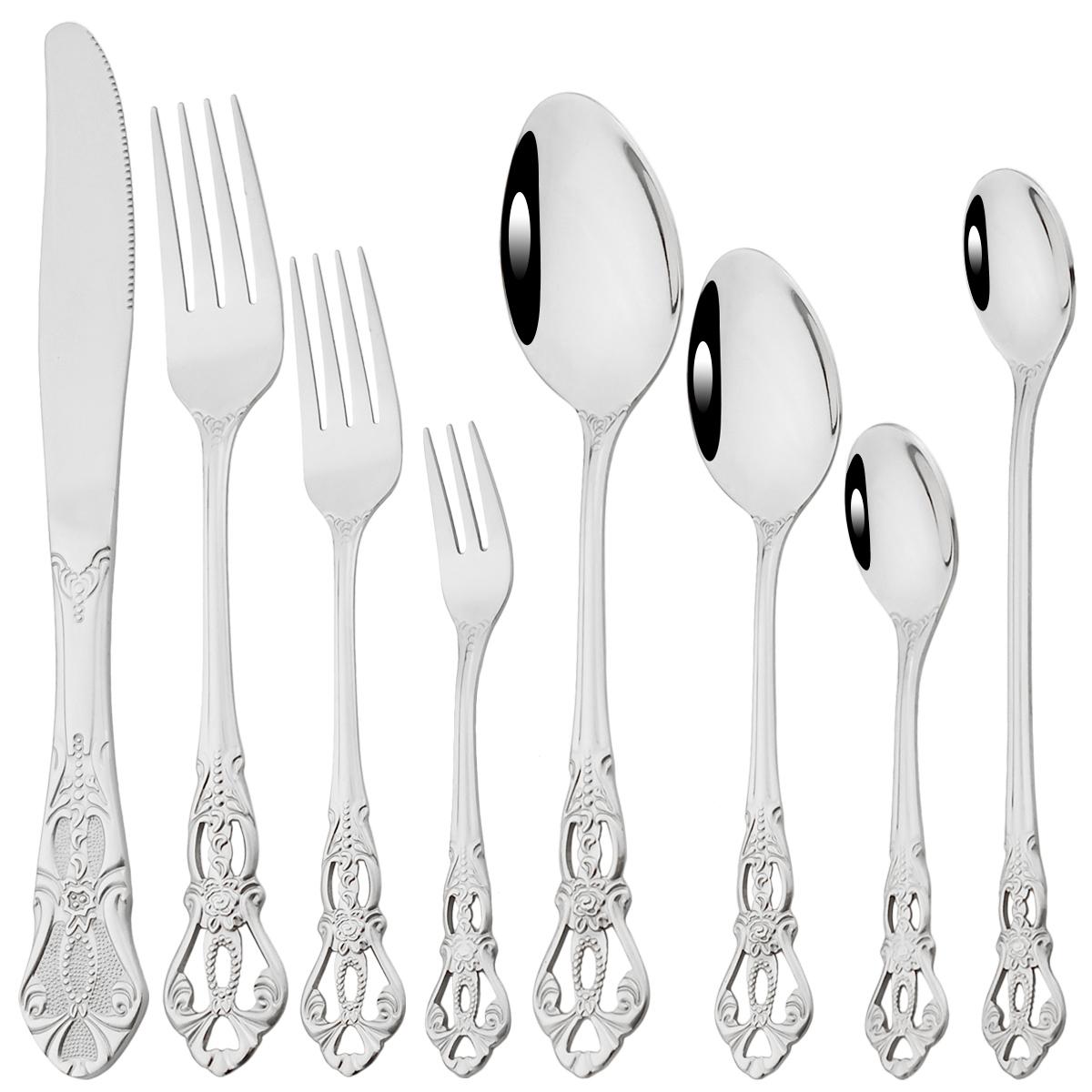 

8 шт./компл. набор столовых приборов из нержавеющей стали, винтажный набор столовой посуды, нож, десертная вилка, ложки, длинная ложка, посуда, столовые приборы для домашней кухни серебряный