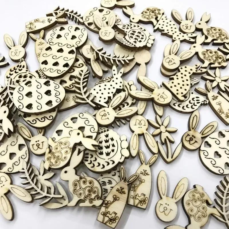 Hot Sale 50pcs Mix Shape Easter Wooden Wood Hanging Pendant  Party Supplies Craft DIY Ornament Hanging Tag Happy Easter Decor
