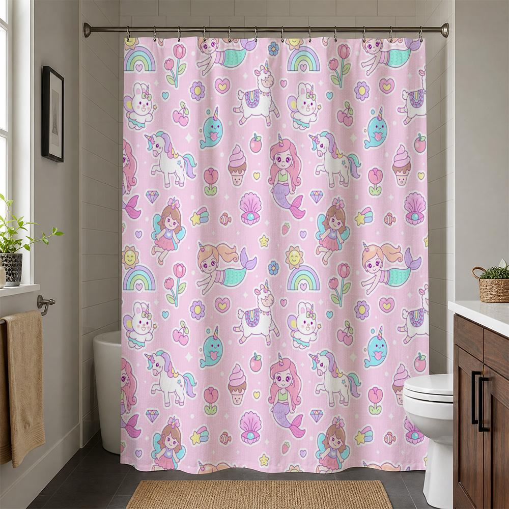Waterproof Unicorn Mermaid Rainbow Shower Curtain Kids Bathroom Decor Cute Pastel Cartoon Shower Liner