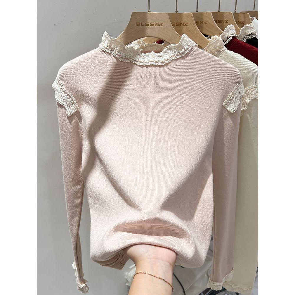 2025 Autumn Women's Apricot Lace Patchwork Knitted Sweater