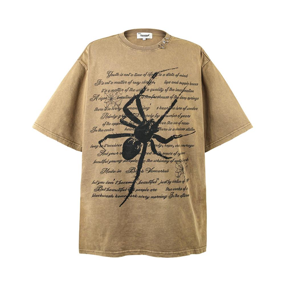 Pánské tričko s krátkým rukávem v tmavém stylu high street s potiskem pavouka pro letní trend, prané a obnošené bavlněné základní tričko