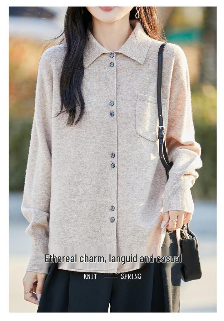 Women's Pure Wool Knit Cardigan Jacket - Spring/Autumn 2025 POLO Collar, Korean Style, Slimming, Loose Fit, Button-Up Sweater