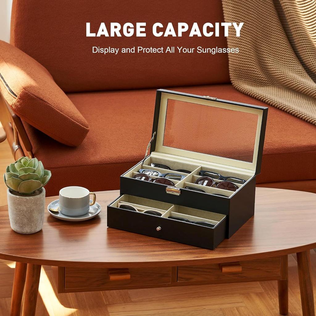 1pc 12 Grids Sunglasses Display Leather Box with Flip Cover, Double Layers Sunglass Presentation Collection Gift Case.