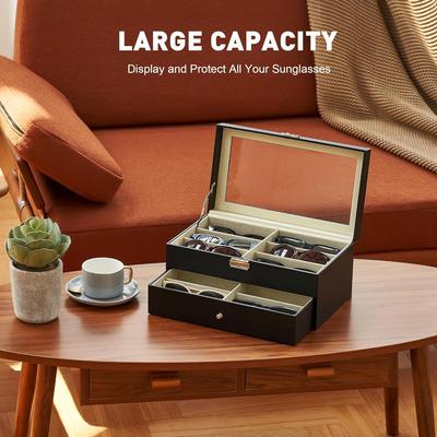 1pc 12 Grids Sunglasses Display Leather Box with Flip Cover, Double Layers Sunglass Presentation Collection Gift Case.