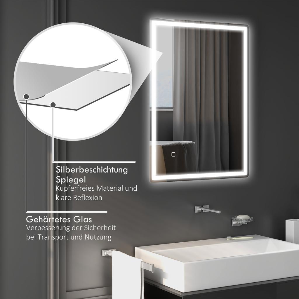 Bathroom Mirror Bathroom Mirror Wall Mirror LEDs, Touch Switch, Anti-Fog Function, 60 x 80 x 4 cm, White