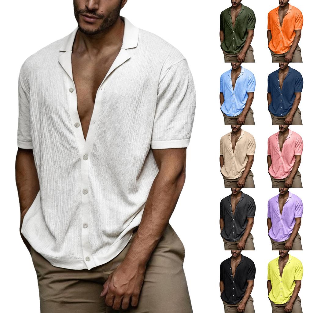 Men's Casual Short Sleeve Shirt Button Down Lightweight Breathable Textured Fabric Relaxed Fit Summer Shirt