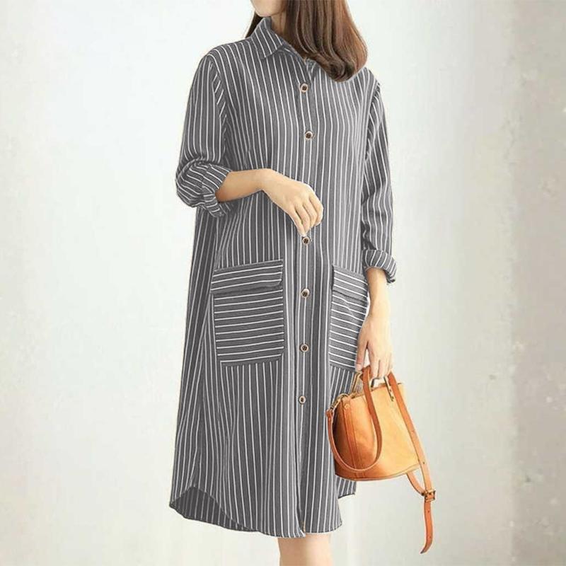 ZANZEA Dámské ležérní pruhované šaty košilového střihu s dlouhým rukávem a límcem