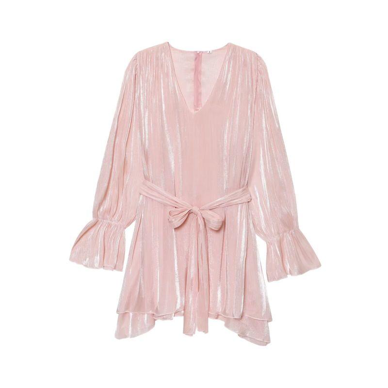 Kaslead New Women clothes Western Style Fashion Simple Loose Long sleeve V-neck Lace-up Dress
