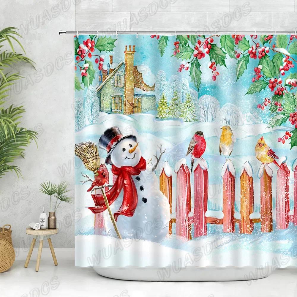 Christmas Shower Curtain Sets Vintage Red Truck Xmas Ball Pine Tree Snowman Winter New Year Gift Bathroom Decor Bath Curtains