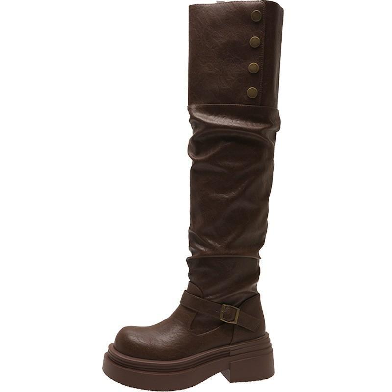 Brown British Platform Boots Women's Winter New Knee Thick Heel Premium Stacking Boots Retro Tall Tube