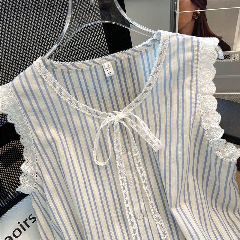 French Retro Lace-Trimmed Blue Striped Vest, 2026 Summer Style: Slimming, Age-Reducing Lace-Up Top for Women