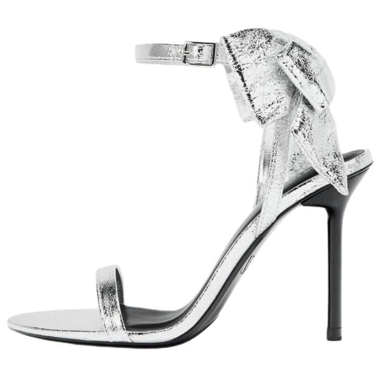 Zara Pu Open-Toe Elegant Bow Decor Metallic Layer Effect High Heels One-Strap Sandals 9.5Cm Women Sandals Silver 3324510808