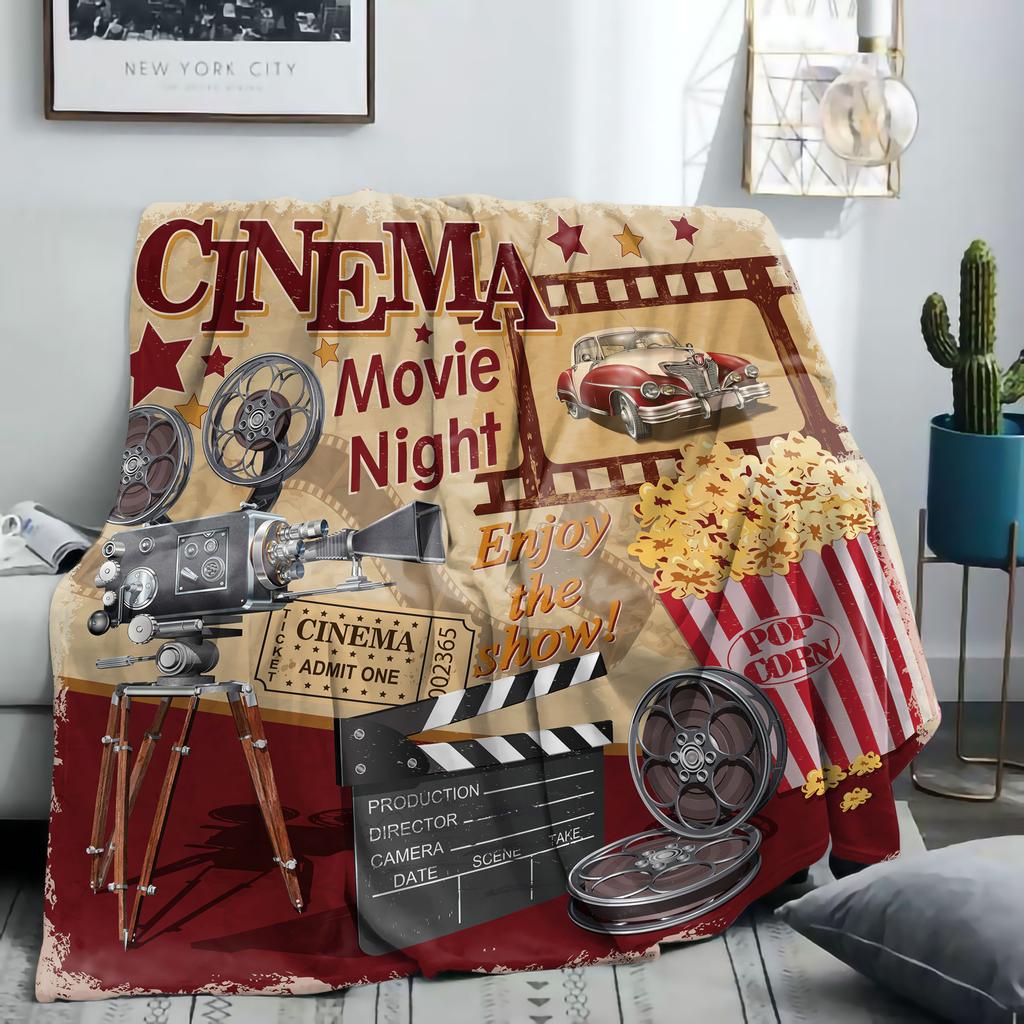 Movie Theater Elements Flannel Blanket - Popcorn & Retro Projector Print | Soft Comfortable Throw for Bed Sofa Office Camping