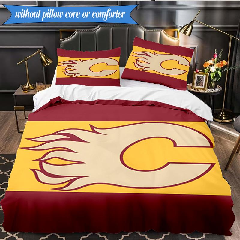 3PCS Flames Hockey Team Logo Bedding Set,Including 1pc Duvet Cover And 2pcs Pillowcases Perfect for Bedroom, Dormitory, Fan Christmas gift