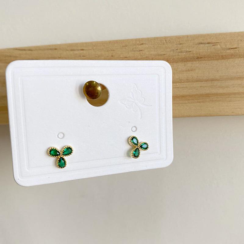 Gold-Plated Sterling Silver Three-Leaf Clover Earrings with Emerald Zircon - Elegant French Court Style for Women Platinum Pair (with Silver Earring Backs)