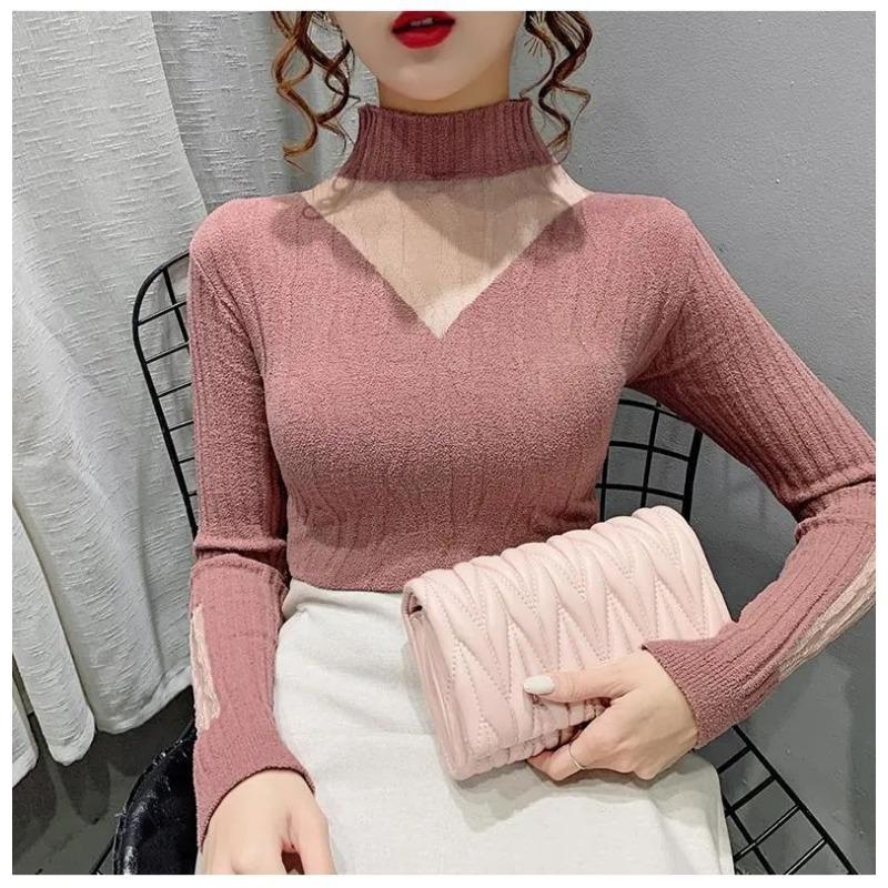 Autumn Half Turtleneck Sweater Women's Long-sleeved Mesh Splicing Bottoming Shirt Pullover Top