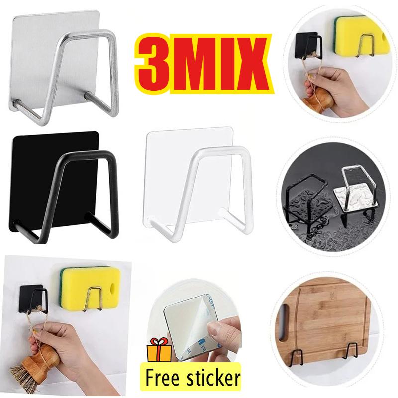 Steel Kitchen Sink Sponge Holder Sink Wall-mounted Dishwashing Sponge Holder Self Adhesive Drain Drying Rack Bathroom Organizer