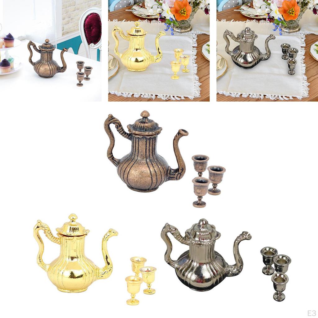 1/12 Dollhouse Miniature Flagon Room Kitchen Appliance Craft Dioramas Mini Metal with Cups