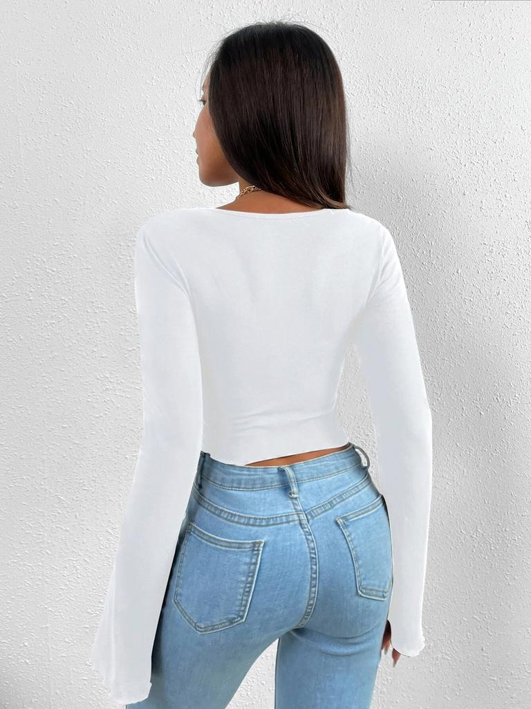 T-shirt Vacation V-neck Flared Sleeve Waisted Irregular Knit Long-sleeved T-shirt Tops