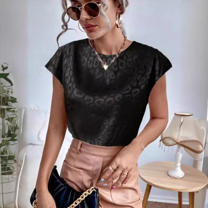 Letní nové kulaté výstřih s leopardím potiskem sexy dámské košile elegantní saténové volné ležérní halenky s krátkým rukávem dámské štíhlé elegantní svetr dámská košile 26565