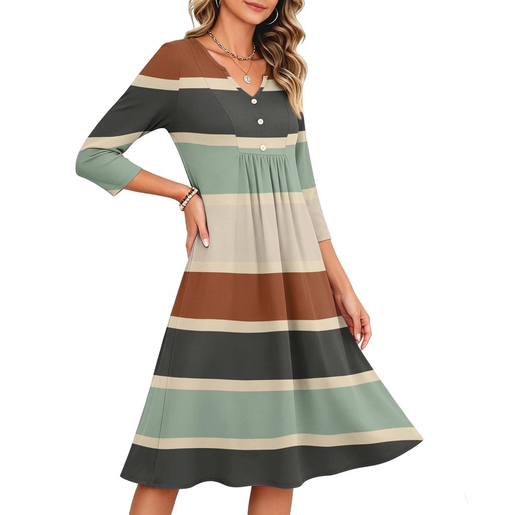 Damen Casual V-Ausschnitt Kleid mit Streifenmuster und 3/4 Ärmeln