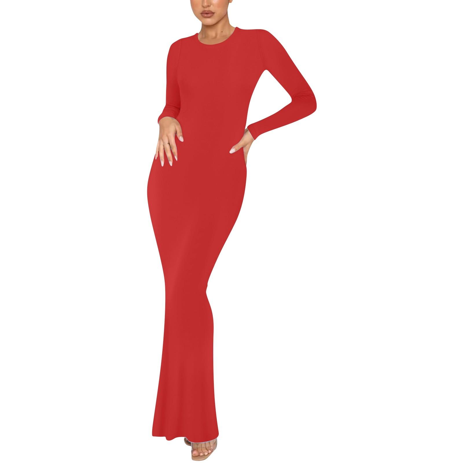 

Женское модное и элегантное однотонное облегающее длинное платье с круглым вырезом и длинными рукавами XL красный