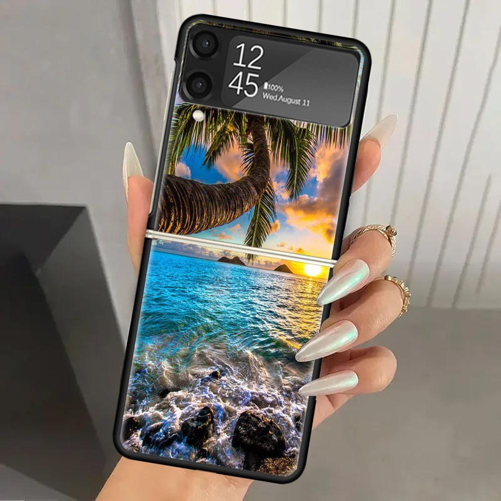 Sommer Strand Sonnenuntergang Meer Palme Harte PC Handyhülle Für Samsung Galaxy Z Flip 6 5 4 3 Schwarze Hülle ZFlip6 Flip5 Flip4 5G Faltbar