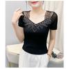 Summer V Neck Short Sleeved Women's T Shirt Fashion Sexy Diamond Mesh Tees Lace
