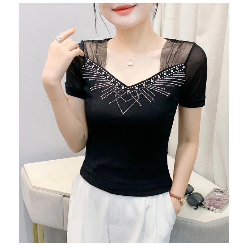 Summer V Neck Short Sleeved Women's T Shirt Fashion Sexy Diamond Mesh Tees Lace