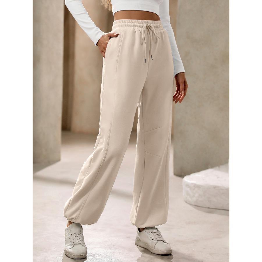 Autumn Winter Pocket Trousers Women's Sports Pants Casual Elastic Waist Solid Long Pants & Capris