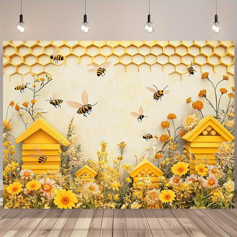 2D Bee Themed Backdrop Yellow Honeycomb & Wildflower Party Background Banner